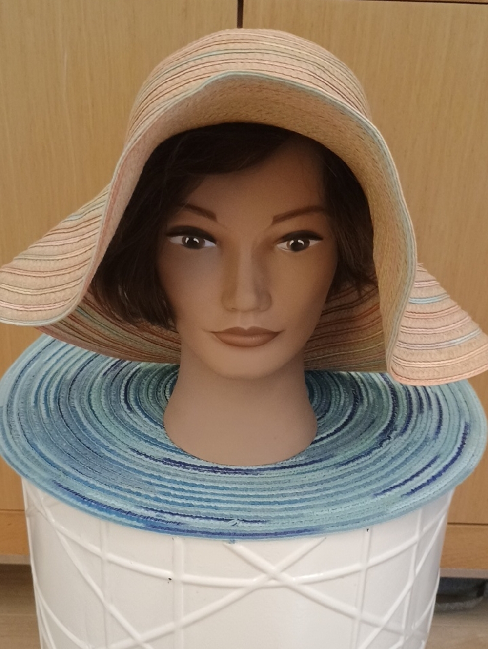 Tropical Trends Striped Wide-Brim Sun Hat - Peach and Blue With Flower